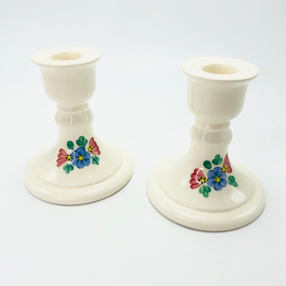 Set Candle Holder Floral Hand Painted Ceramic USA